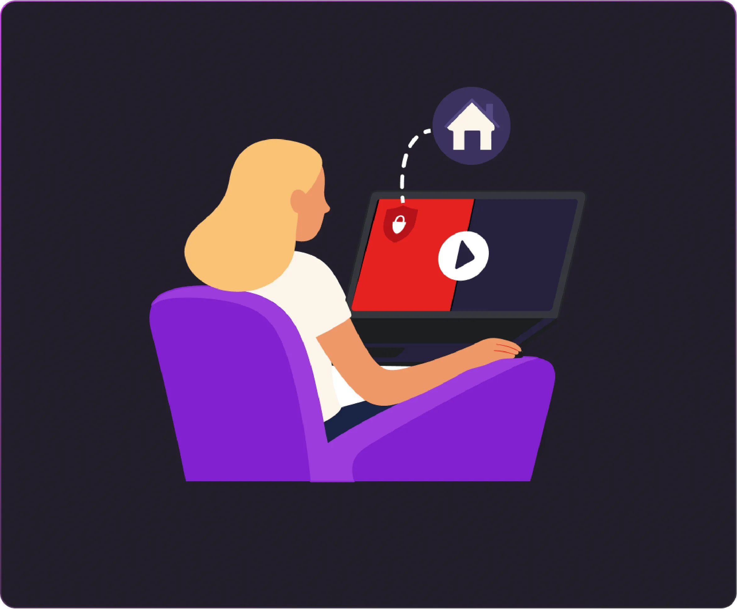 Illustration of a woman sitting in a purple chair using a laptop, with a home icon connected to the screen showing a play button and a red shield, symbolizing secure home-style VPN access for Netflix.